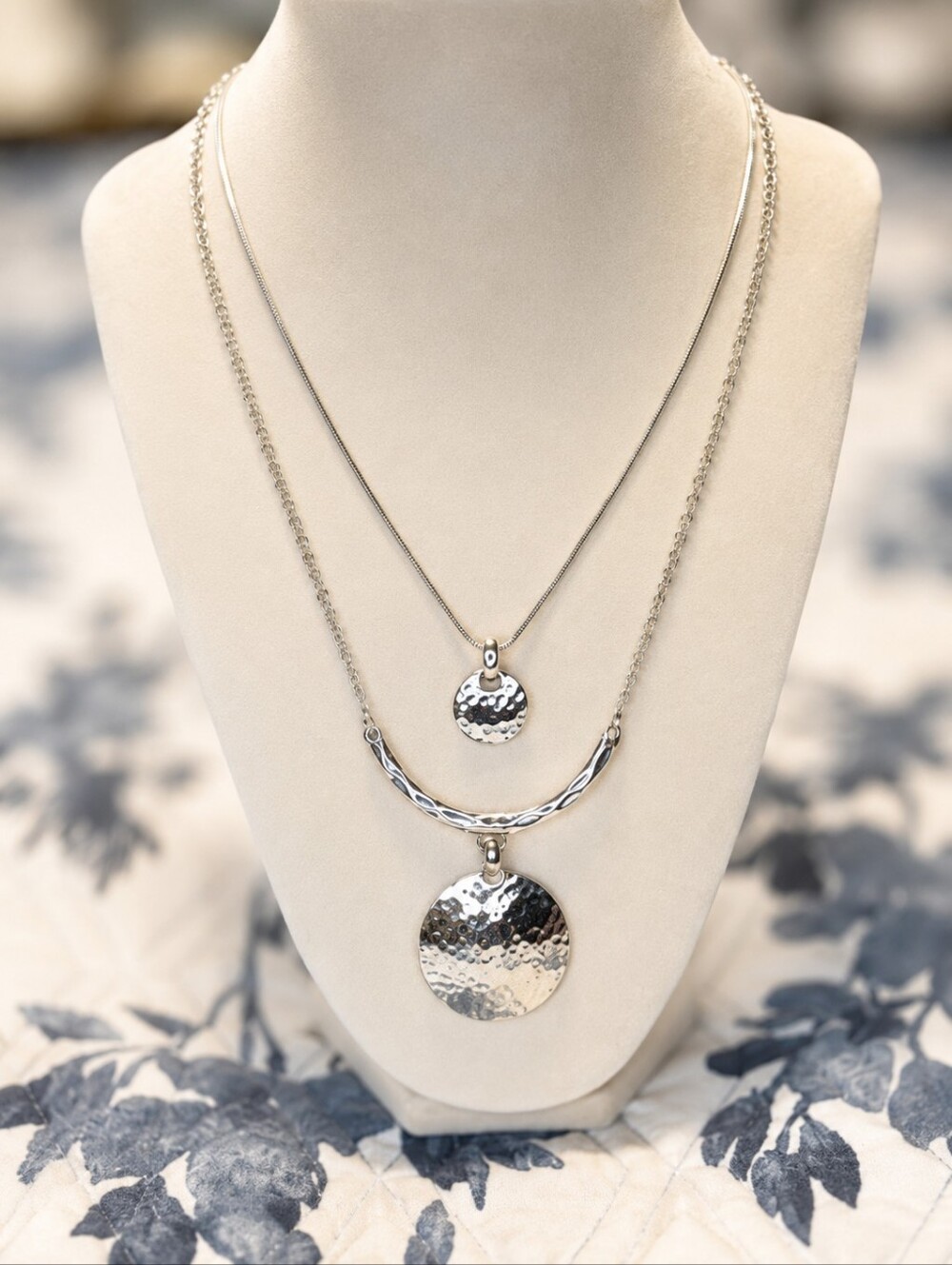 Lia Sophia Hammered Disc Layered Silver Tone Statement Necklace Boho